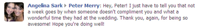 Angelina Sark's Facebook THANK YOU Post about Kansas City, MO Wedding DJ & MC Peter Merry with MERRY WEDDINGS