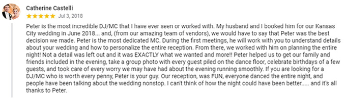 Brett & Catherine Castelli's Google+ Review of Kansas City, MO Wedding DJ & MC Peter Merry with MERRY WEDDINGS