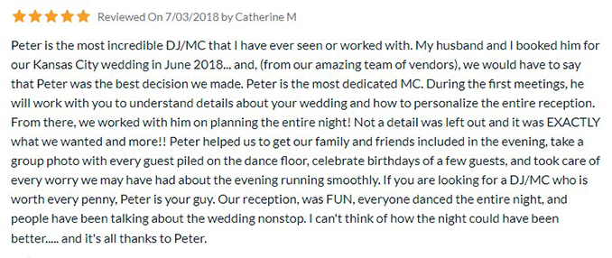 Brett & Catherine Castelli's Review on The Knot of Kansas City, MO Wedding DJ & MC Peter Merry with MERRY WEDDINGS