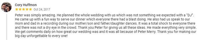Cory & Brittany Huffmon's Google+ Review of Kansas City, MO Wedding DJ & MC Peter Merry with MERRY WEDDINGS