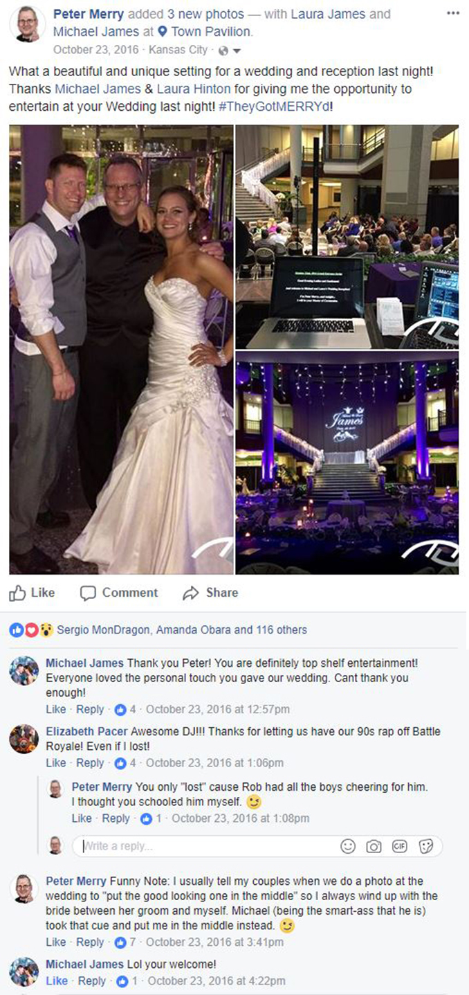 Michael James' Facebook THANK YOU Post about Kansas City, MO Wedding DJ & MC Peter Merry with MERRY WEDDINGS