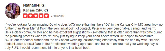 Nate & Mary Greenwood's Yelp Review of Kansas City, MO Wedding DJ & MC Peter Merry with MERRY WEDDINGS