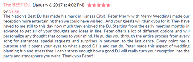 Andrew & Saige Loecker's PWG Review of Kansas City, MO Wedding DJ & MC Peter Merry with MERRY WEDDINGS