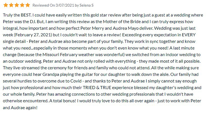 Selena Speaks' Review for Ethan & Wren Luft on The Knot of Kansas City, MO Wedding DJ & MC Peter Merry with MERRY WEDDINGS
