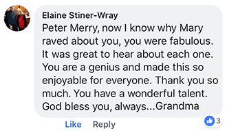 Elaine Wray's post on Facebook about Peter Merry with MERRY WEDDINGS