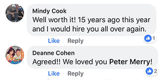 Mindy Cook & Deanne Cohen's posts on Facebook about Peter Merry with MERRY WEDDINGS