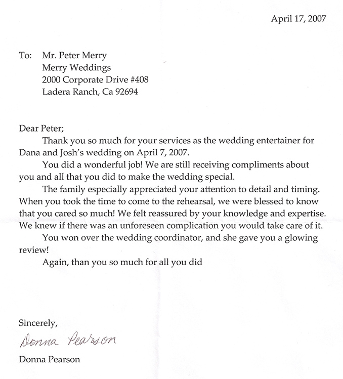 Donna Pearson's THANK YOU Letter (for Josh & Dana Crawford) for Kansas City, MO Wedding DJ & MC Peter Merry with MERRY WEDDINGS