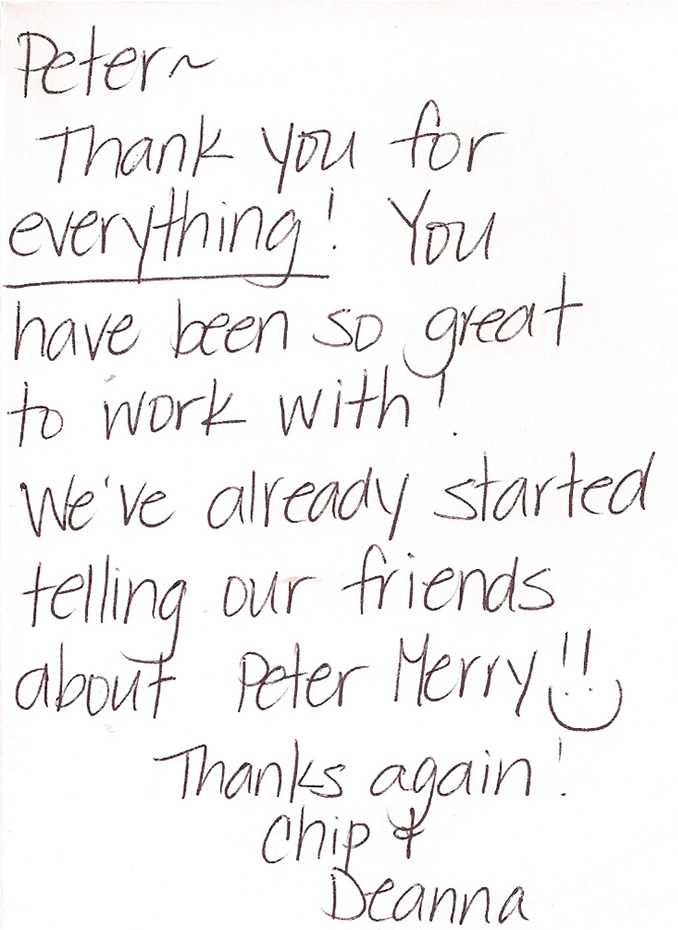 Chip & Deanna Kimmich's Thank You Card for Kansas City, MO Wedding DJ & MC Peter Merry with MERRY WEDDINGS