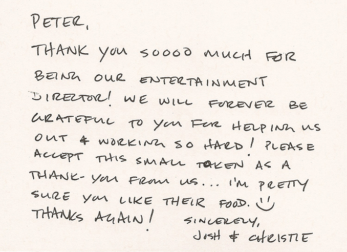 Josh & Christie Elliott's Thank You Card for Kansas City, MO Wedding DJ & MC Peter Merry with MERRY WEDDINGS