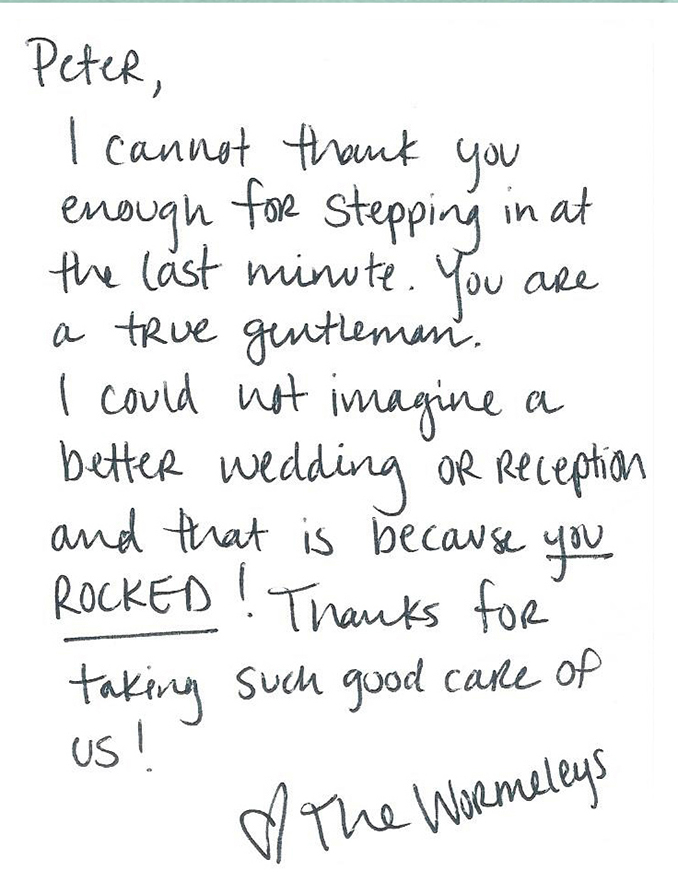 Chad & Erika Wormeley's Thank You Card for Kansas City, MO Wedding DJ & MC Peter Merry with MERRY WEDDINGS