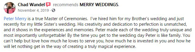 Chad Wandel's Facebook REVIEW (for Wyatt & Brittney Ferguson) of Kansas City, MO Wedding DJ & MC Peter Merry with MERRY WEDDINGS