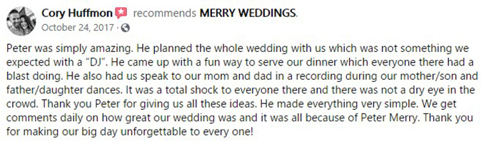 Cory & Brittany Huffmon's Facebook REVIEW of Kansas City, MO Wedding DJ & MC Peter Merry with MERRY WEDDINGS