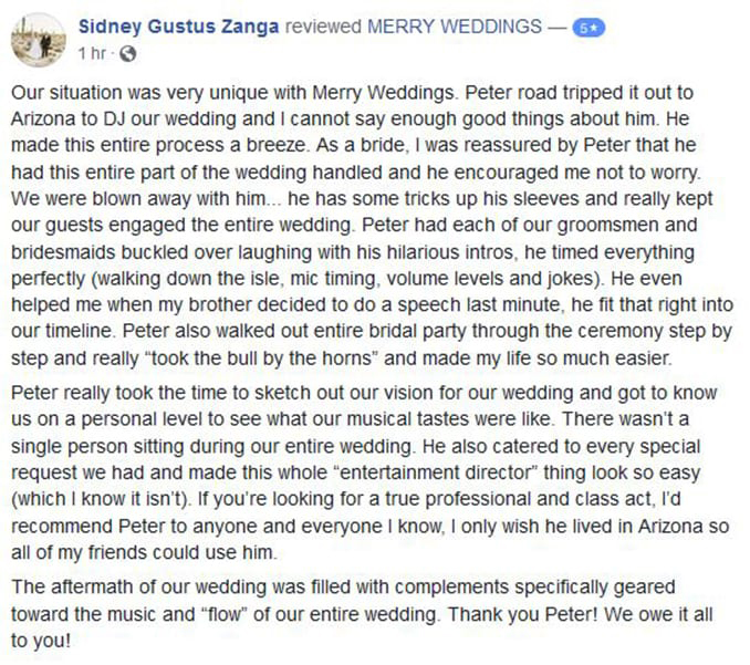 Drew & Sidney Zanga's Facebook REVIEW of Kansas City Wedding DJ & MC Peter Merry with MERRY WEDDINGS
