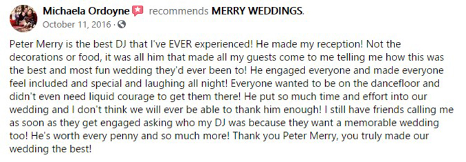 Jordan & Michaela Ordoyne's Facebook REVIEW of Kansas City, MO Wedding DJ & MC Peter Merry with MERRY WEDDINGS