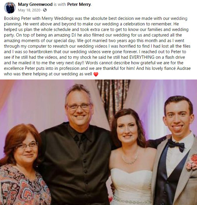 Mary Greenwood's Facebook THANK YOU Post about for Kansas City, MO Wedding DJ & MC Peter Merry with MERRY WEDDINGS