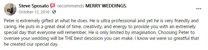 Steve & Marisela Sposato's Facebook REVIEW of Kansas City, MO Wedding DJ & MC Peter Merry with MERRY WEDDINGS